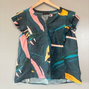 Vineyard Vines Medium Linen Silk Blend Flutter Sleeve Pintuck Top Tropical Blue